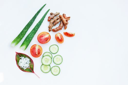 Natural ingredients for homemade skin care on white background. Copy space