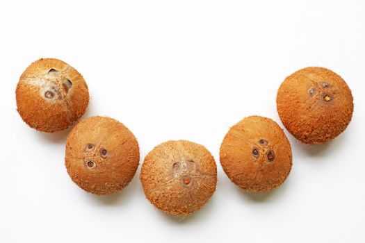 Coconuts on a white background. Top view.