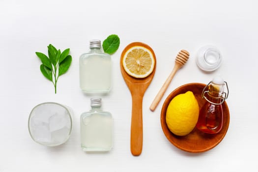 Lemon juice, Lemonade with fresh lemon, honey, mint, salt and ice. Healthy ingredient.