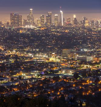 Los Angeles Downtown sunset aerial view, California, USA