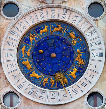 Detail of the clock tower of the clock tower in Piazza San Marco in Venice. Torre dell