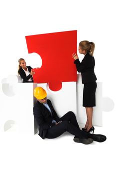 Coworkers look at tired foreman sleeping near puzzle isolated on white background