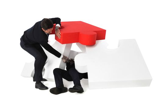 Businessman saving colleague from trouble concept