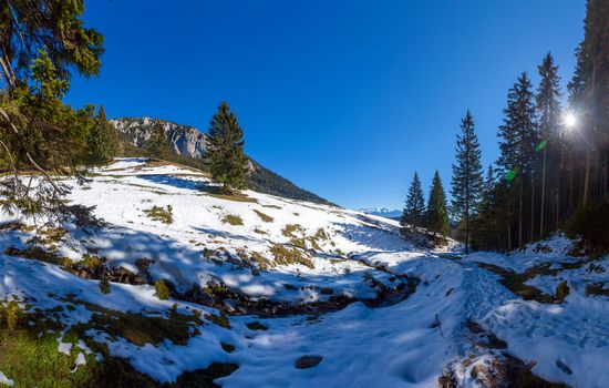 Panoramic view of Mount Piatra Craiului on winter, part of the Carpathian Range from Romania