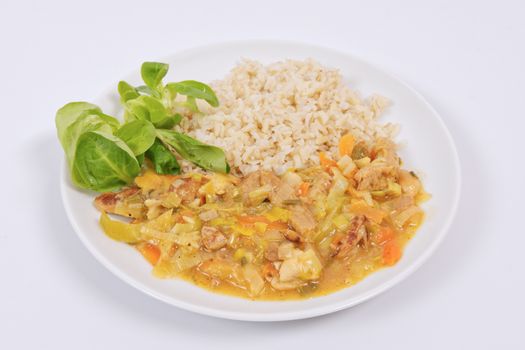 China of soy noodles and leek with rice on a white background