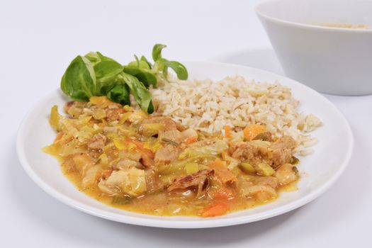 China of soy noodles and leek with rice on a white background