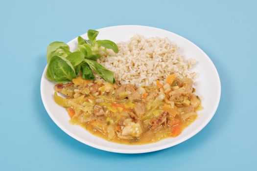 China of soy noodles and leek with rice on a white background