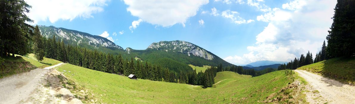 Panoramic view of Mount Piatra Craiului on summer, part of the Carpathian Range from Romania