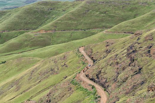 A view of the Naudes Nek Pass in the Eastern Cape Province of South Africa. Cattle and a vehicle are visible