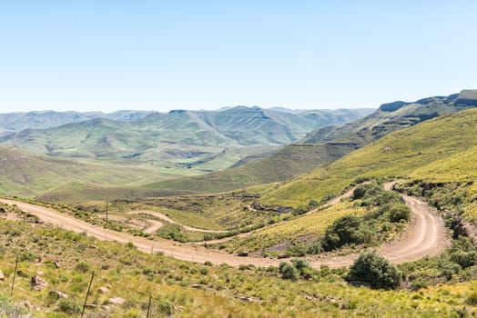 An aerial view of hairpin bends in the Naudes Nek Pass in the Eastern Cape Province of South Africa