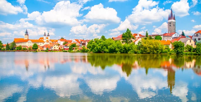 Panoramic view of Telc historical center. Water reflection, Czech Republic. UNESCO World Heritage Site..