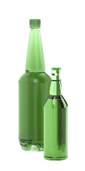 Plastic and glass beer bottles on white background 