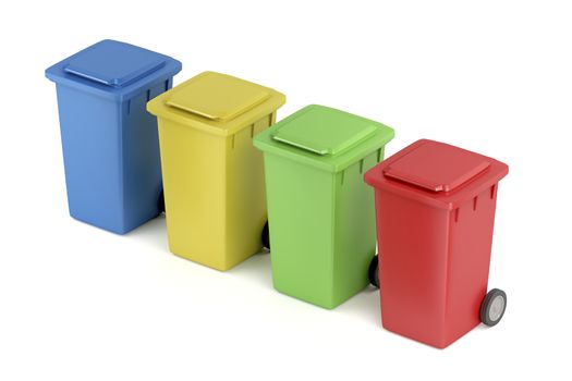 Multicolored plastic recycle bins on white background