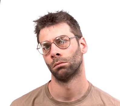 Goofy man with broken vintage glasses - Isolated on white