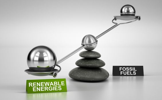 Seesaw containing big and small spheres inclined on the renewable energies side. Concept of energy transition. 3D illustration