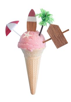 Summer strawberry icecream with beach items over a white background