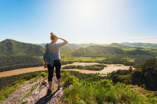 Woman in Altai mountain, beauty summer landcape