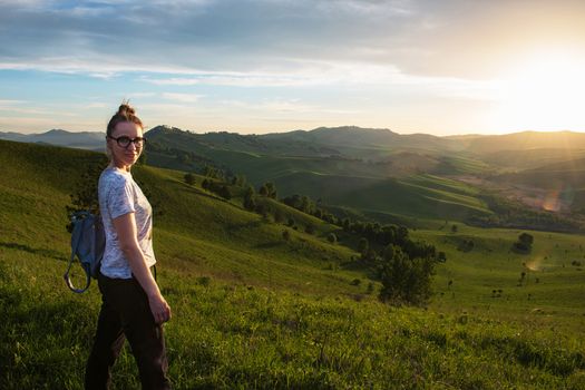 Woman in Altai mountain, beauty summer landcape