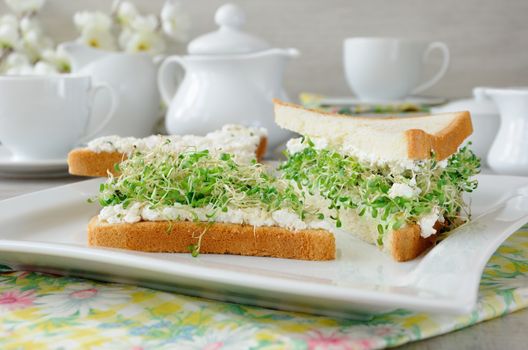 A sandwich of tender, juicy sprouted alfalfa sprouts with soft ricotta and a cup of coffee or tea, which may be better for a break