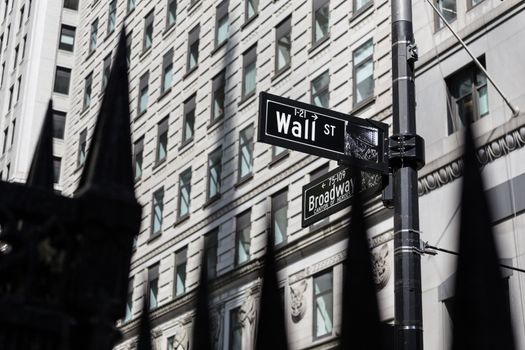 Street sign in New York Ciy. Walls street, Broadway.