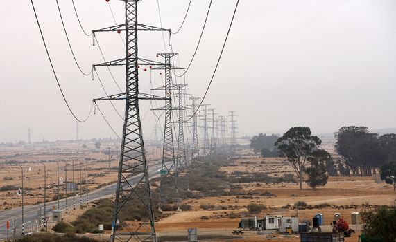 industrial landscape, electric poles in the desert