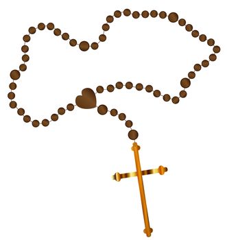 Catholic rosary beads with a golden cross all over a white background