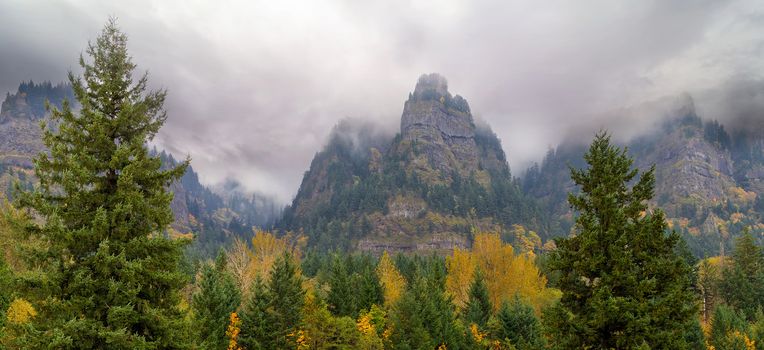 St Peters Dome along Columbia River Gorge on a foggy day in fall season panorama