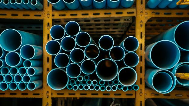 Different Sizes of Blue Water Pipes on Yellow Metal Rack. Eye Level View.