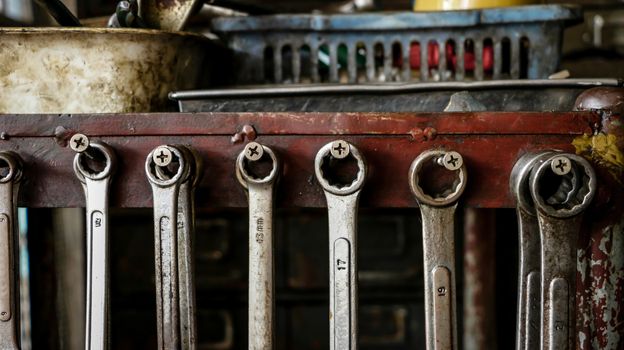 Set of Dirty Wrenches/ Spanners on Wooden Shelf with Different Tools in Garage. Motorbike Repair Shop in  Thailand.