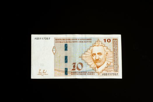 Bosnia and Herzegovina Convertible Mark , 10 KM note, isolated on black