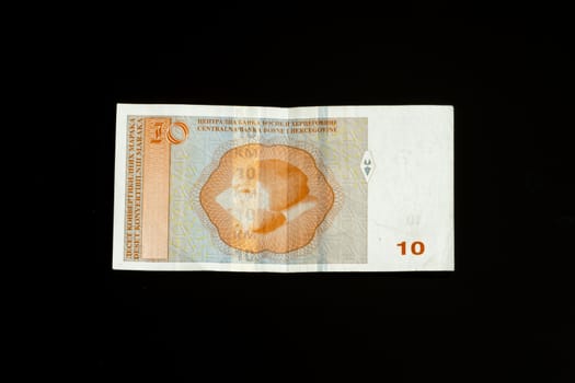 Bosnia and Herzegovina Convertible Mark , 10 KM note, isolated on black