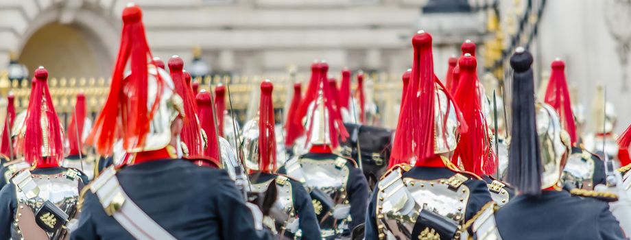 LONDON - MAY 30:  The guard ceremony at Buckingham Palace on May 30, 2015 in London, which is one of England's most popular visitor attractions.