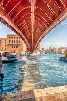 VENICE, ITALY - APRIL 29: Underneath the controversial Constitution Bridge in Venice, Italy on April 29, 2018. Designed by the starchitect Santiago Calatrava, the bridge opend in 2008