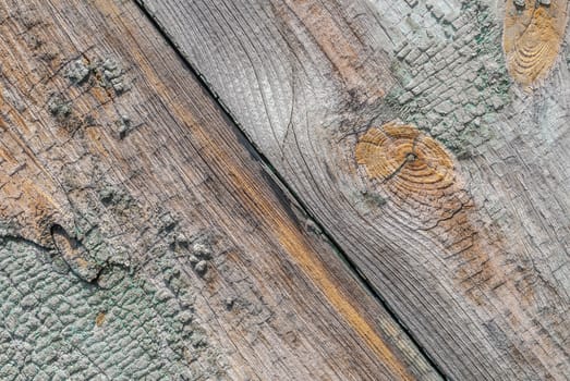 texture of wooden surface with remnants of old paint that has dried and cracked under the influence of weather