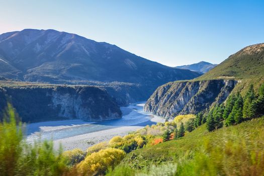 Mountain canyon and river landscape in New Zealand alps