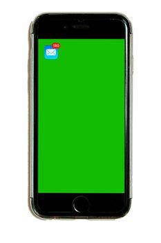 Smart phone in protective case with green chroma key touchscreen, mail icon with 180 emails, isolated on white background, cell, mobile phone, adaptable for mockups and design, large resolution