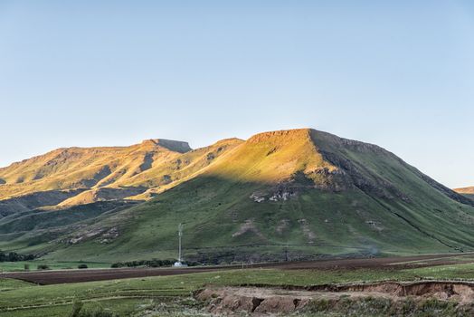 A farm landscape at Rhodes in the Eastern Cape Province. A cellphone tower is visible