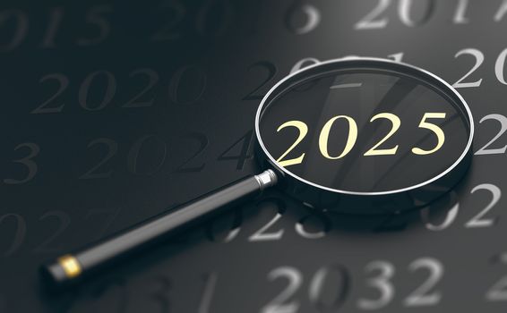 3D illustration of year 2025 written in golden letters and a magnifying glass over black background