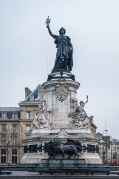 Marianne statue, national symbol of the French Republic at Place de la Republique in Paris, France