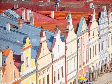 Aerial view of colorful gables and rooftops of renaissance houses in Telc, Czech Republic. UNESCO World Heritage Site.