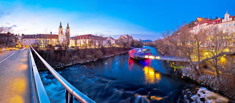 City of Graz Mur river and island evening view, Styria region of Austria