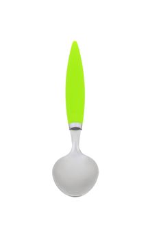 Empty teaspoon with green plastic handle on white background
