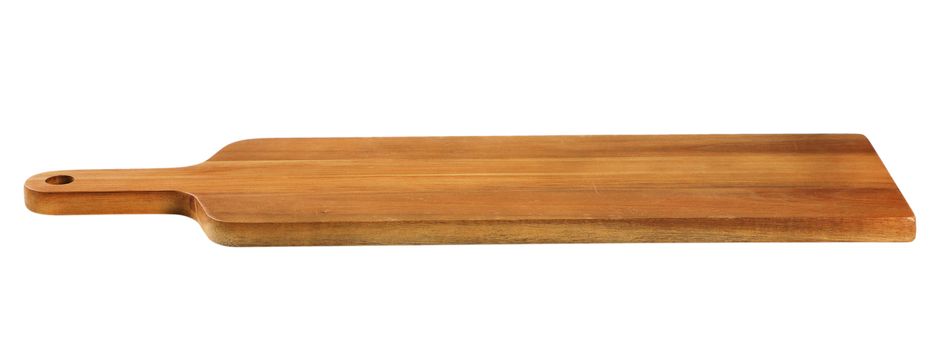 narrow wooden cutting board with handle on white background
