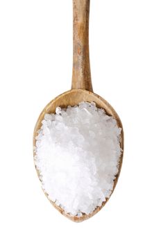 spoon of coarse grained sea salt on white background