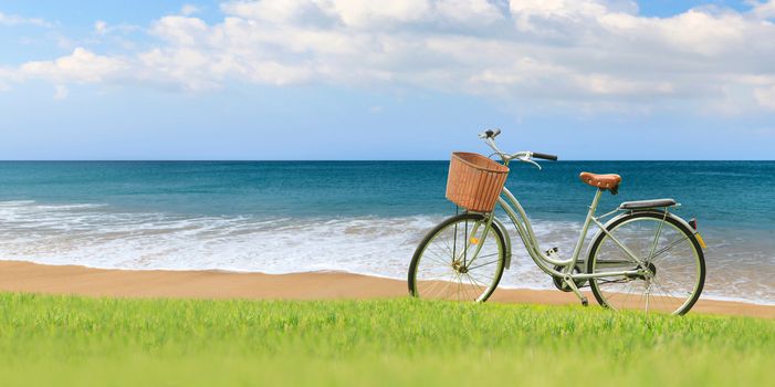 Bicycles on the green grass near the sea