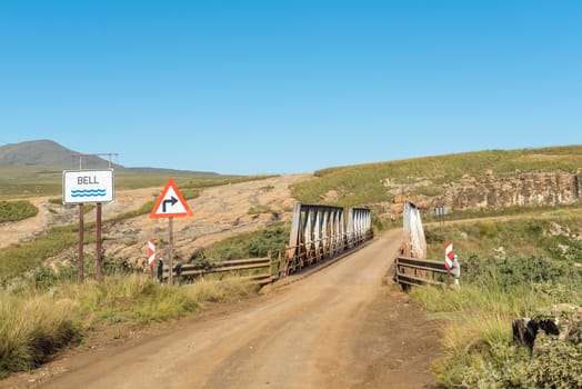 Single lane bridge on road R396 over the Bell River near Rhodes in the Eastern Cape Province of South Africa