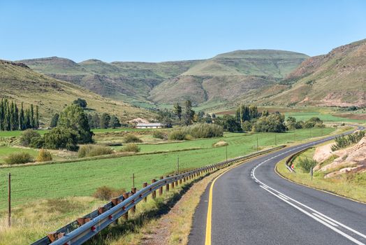 A farm landscape next to road R58 between Barkly-East and Barkly Pass in the Eastern Cape Province of South Africa