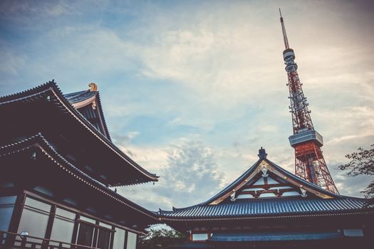 Zojo-ji temple and Tokyo tower at sunset, Japan