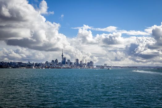 Auckland city center view from the sea, New Zealand