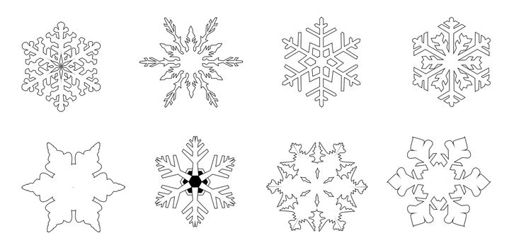 A collection of 8 different snowflakes isolated on a white background